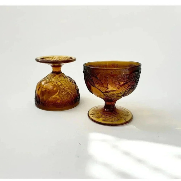 Vintage Brown + Gold set of 2 Glass Tiara Sweet Pear Amber Sherbert Dessert Cups - Picture 1 of 10